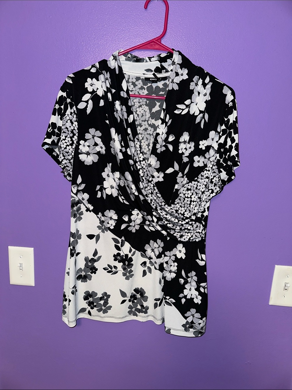 DKNY Black and White Floral Wrap-Front Blouse